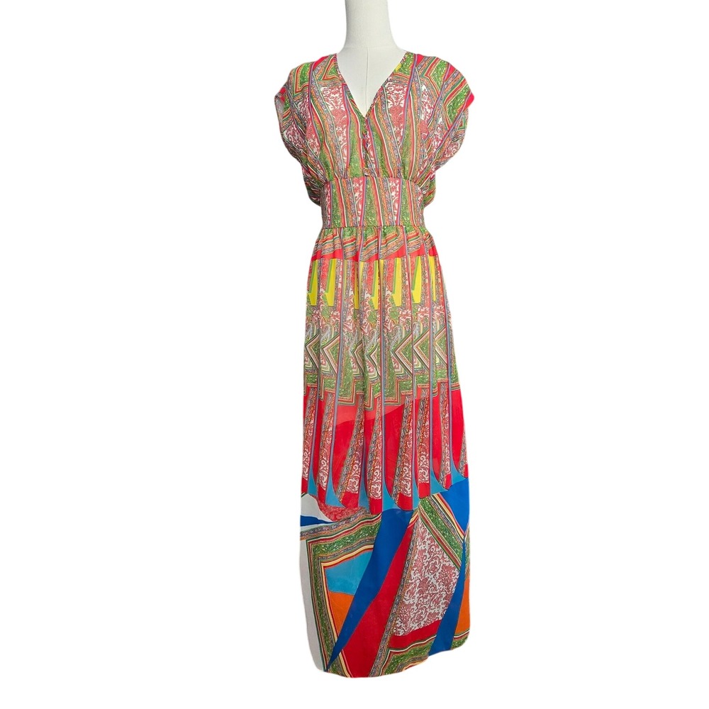 Charming Charlie Multicolor Paisley Geometric Smocked Waist V-Neck Maxi Dress S